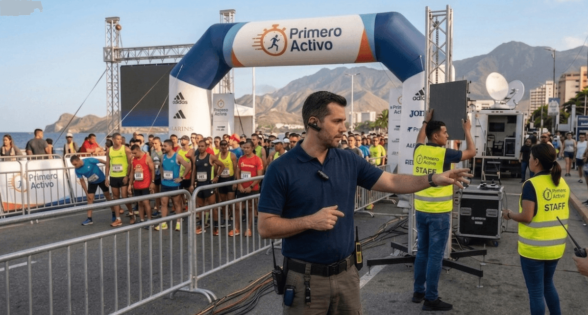 Organizador dirigiendo el staff de primero activo antes de iniciar la carrera