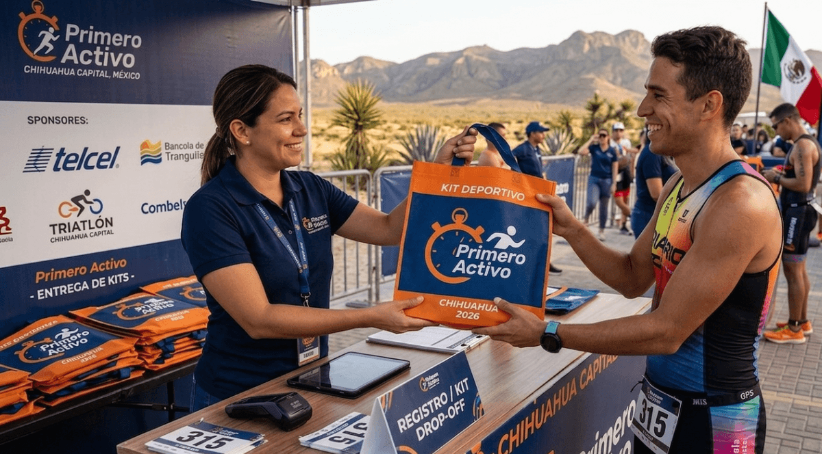 Miembro del staff de Primero activo haciendo entrega de un kit deportivo